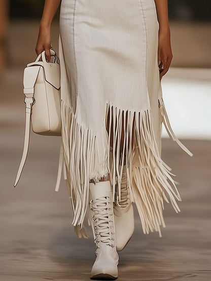 【24-hour shipping out】Casual Vintage Brown Embroidery White Denim Sleeveless Tassel Midi Dress