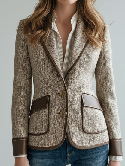 Vintage Herringbone Tweed Eco Leather Trim Tailored Jacket