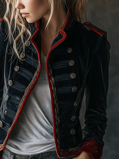 Retro Chic Velvet Military Style Double-Breasted Jacket