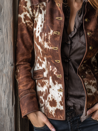 Vintage Button Cow Skin Printed Faux Suede Jacket