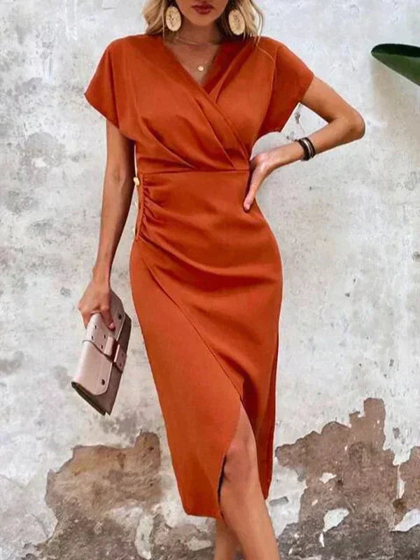 Patricia® | Orange midi dress with V-neck and slit