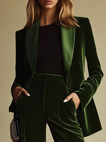 High-End Temperament Loose Retro Green Velvet Suit