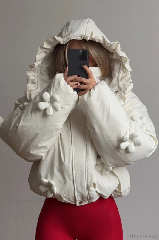 3D Floral Ruffled Hood Cropped Padded Coat