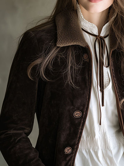 Vintage Chocolate Brown Microsuede Shearling Jacket With Lapel Collar