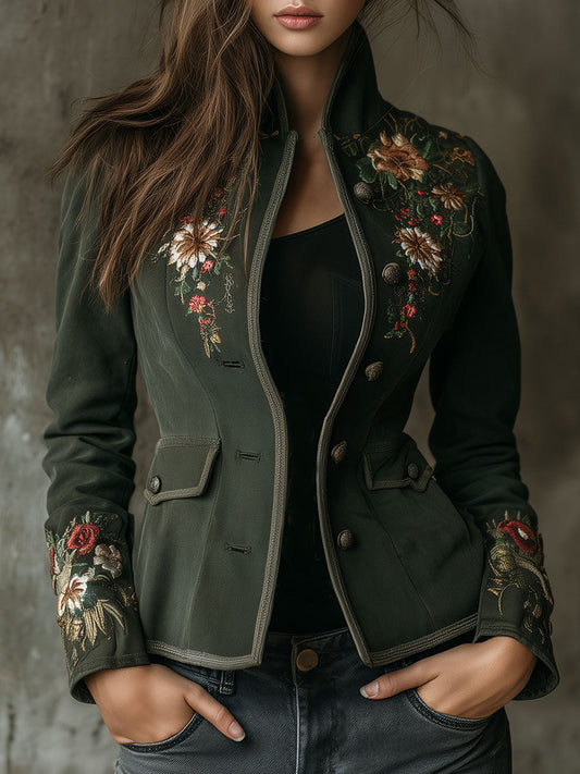 Retro Dark Gree Floral Embroidered Tailored Jacket With Pockets