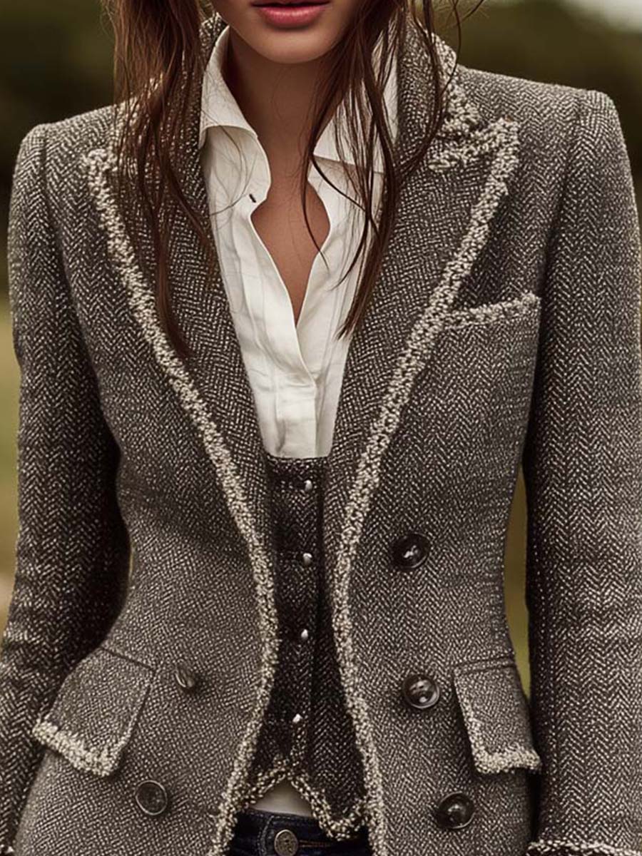Herringbone Tweed Blazer With Contrast Trim