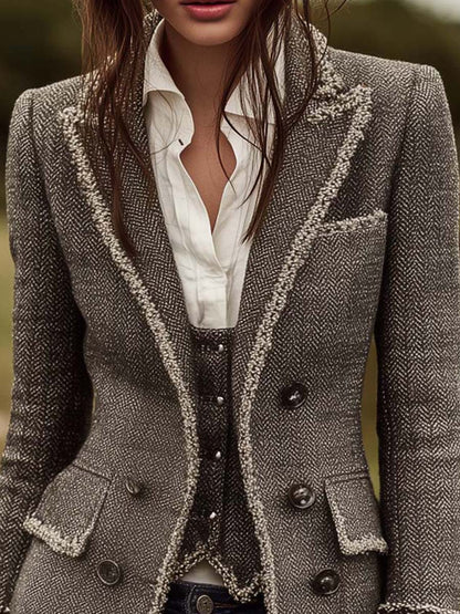 Herringbone Tweed Blazer With Contrast Trim