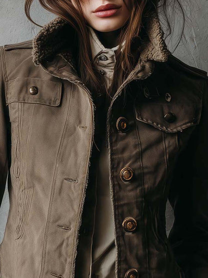Vintage Military-Inspired Cropped Jacket With Shearling Collar