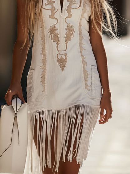 【24-hour shipping out】Casual Retro Bohemian Embroidered Sleeveless White Denim Tassel Mini Dress
