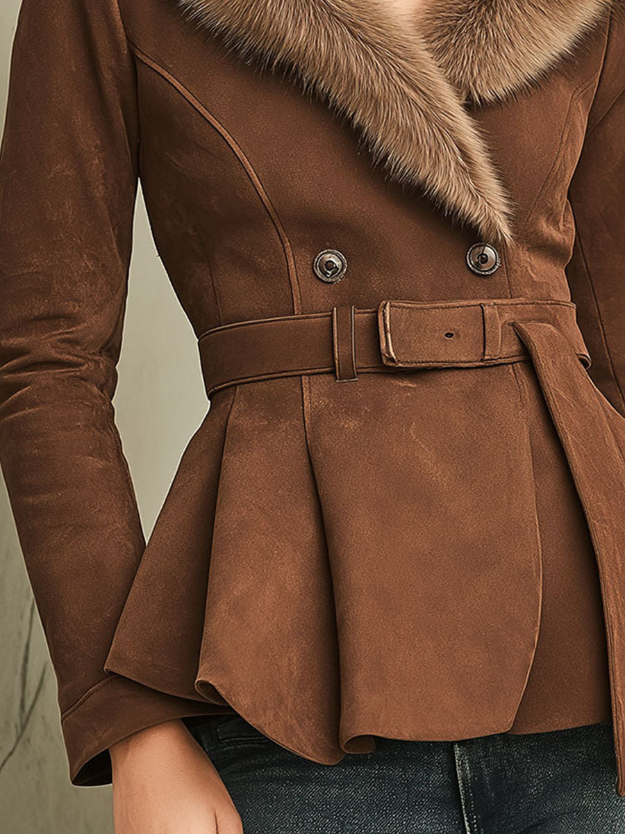 Elegant Double-Breasted  Brown Microsuede Peplum Jacket With Eco Fur Collar