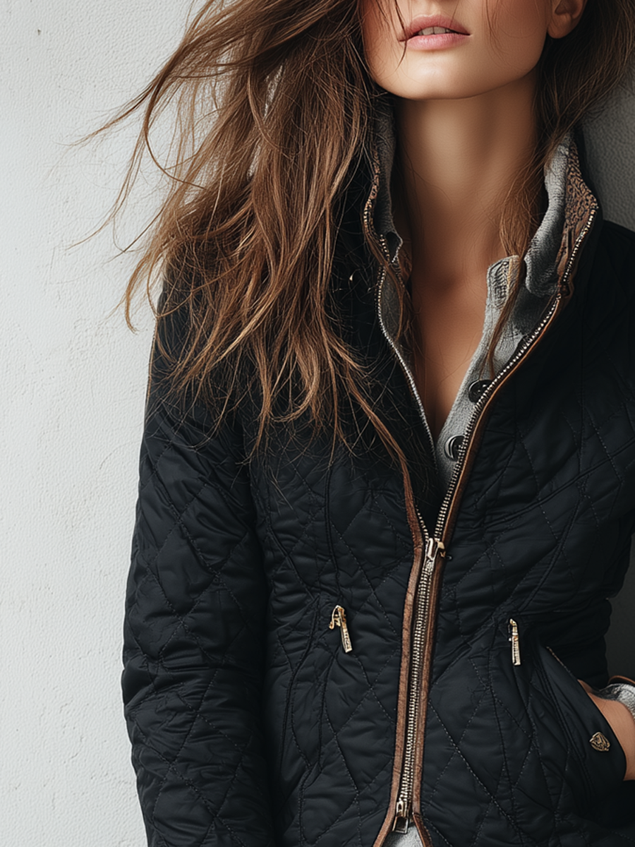 Retro Contrast Trim Quilted Zipper Jacket