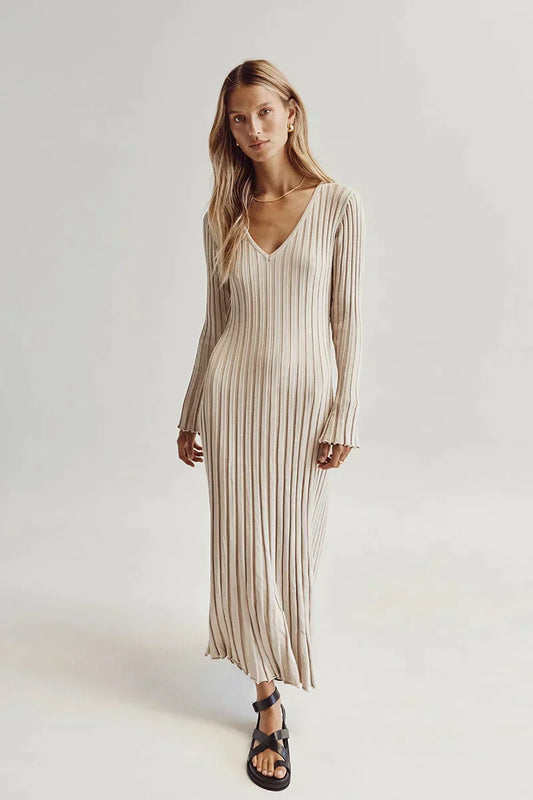 Luisa® | Knitted Midi Dress With V-Neck And Sleeves