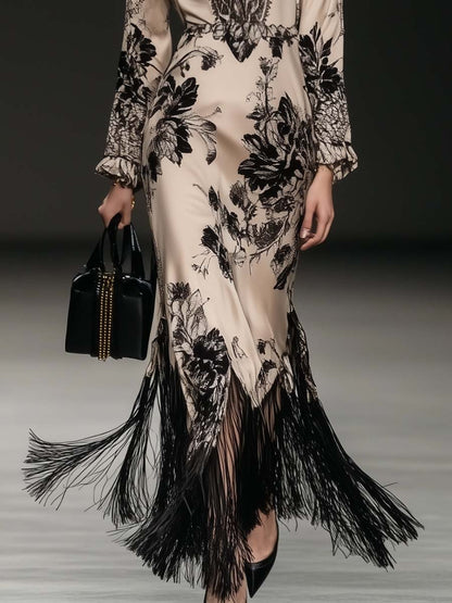 Elegant Bohemian Style V-neck Tassel Floral Print Beige Satin Maxi Dress