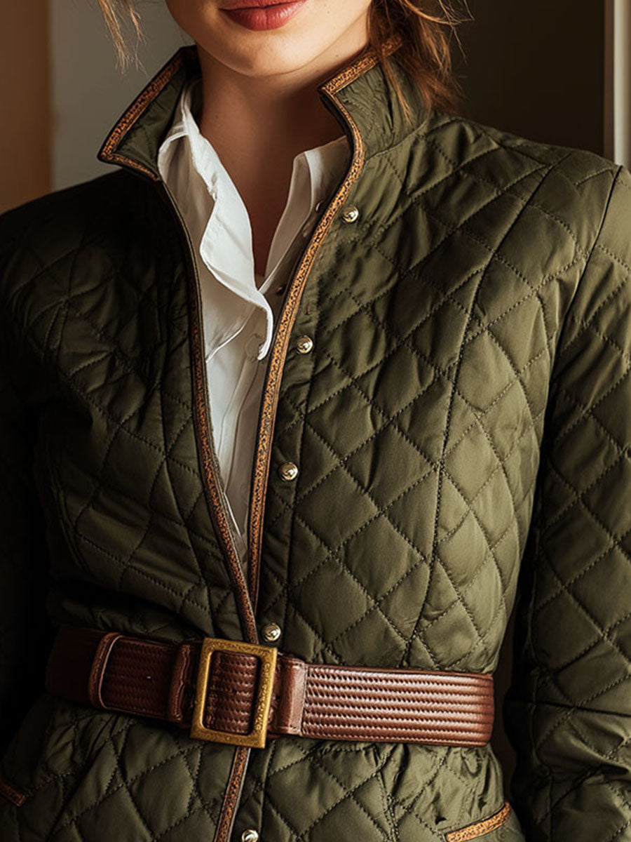 Olive Green Puffer Quilted Belted Jacket With Contrast Trim