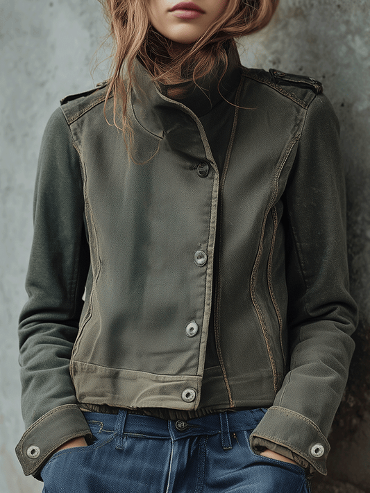 Casual Loose Olive Green Military Cropped Jacket
