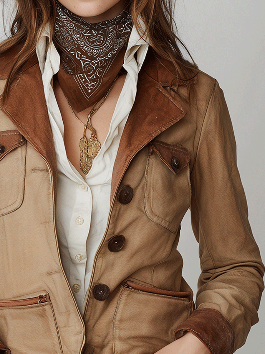 Vintage Contrast Brown Suede Multi-Pocket Utility Jacket