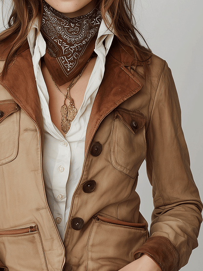 Vintage Contrast Brown Suede Multi-Pocket Utility Jacket