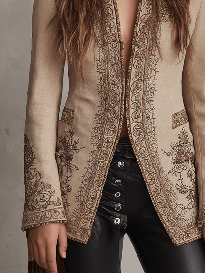 Chic Beige Velvet-Effect Embroidered Jacket