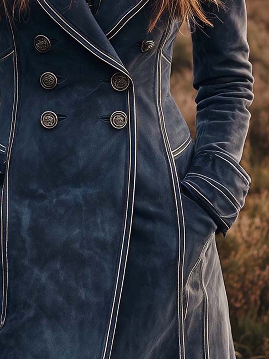 Slate Blue Microfiber Suede Long Blazer Dress With Contrast Piping