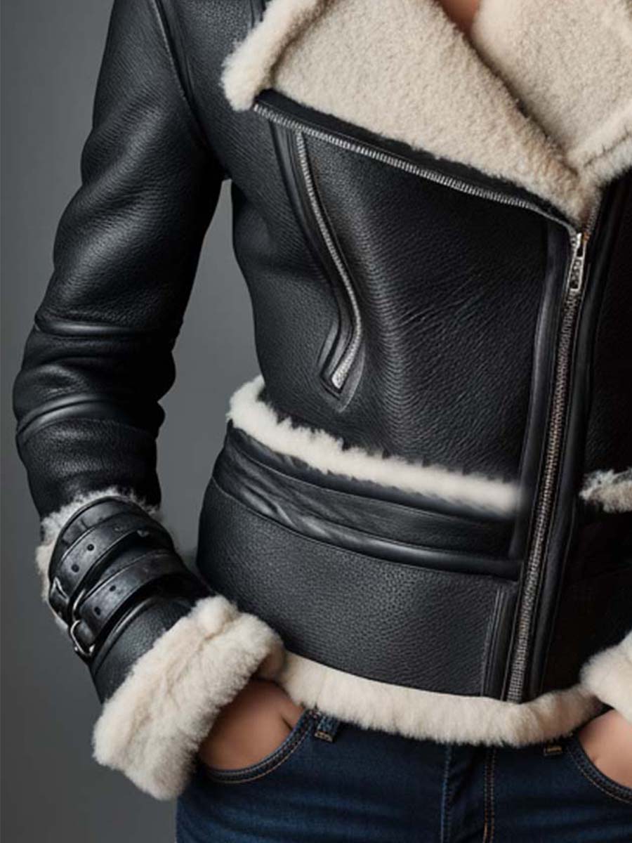 Faux Shearling Biker Jacket With Belted Cuffs