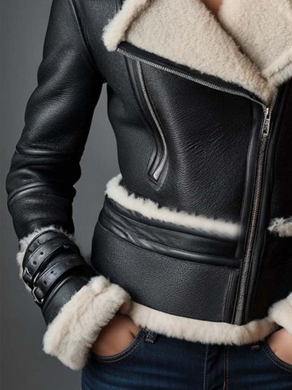 Faux Shearling Biker Jacket With Belted Cuffs