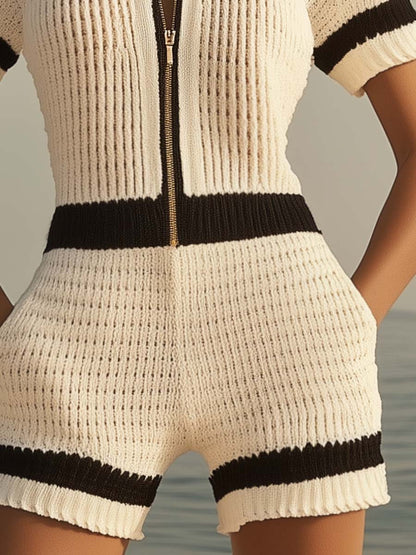【24-hour shipping out】Breathable Fashion Front Zipper Short Sleeve Knit Shorts Jumpsuit
