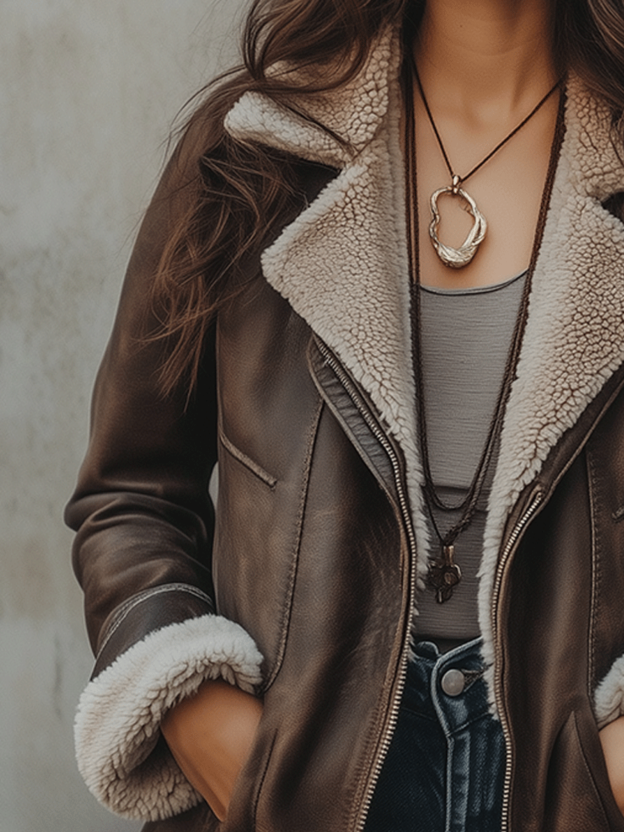 Vintage Brown Wool-Lined Faux Leather Jacket