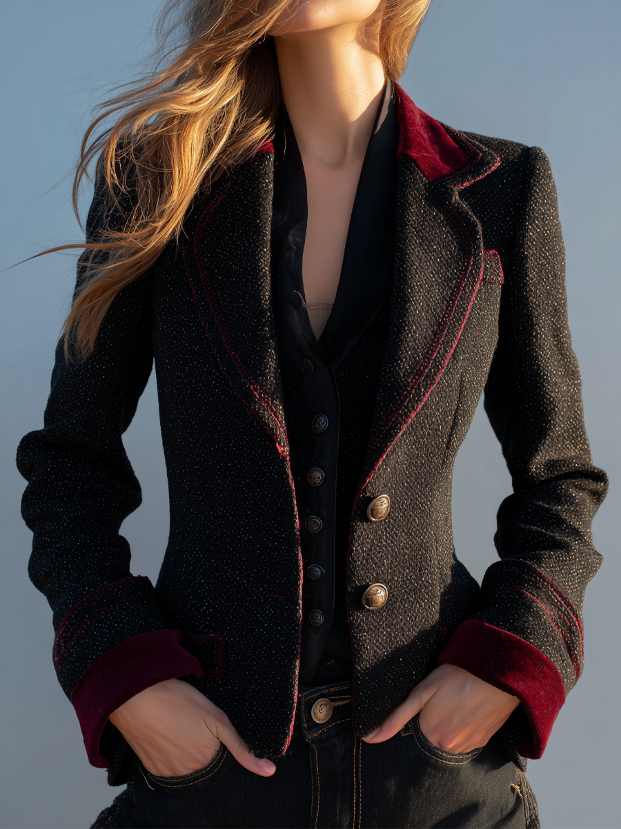 Vintage Poly Velvet Cuff Tweed Jacket