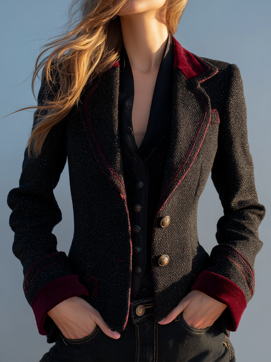 Vintage Poly Velvet Cuff Tweed Jacket