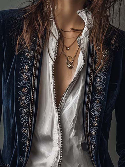 Vintage Navy Velvet Embroidered Long Jacket