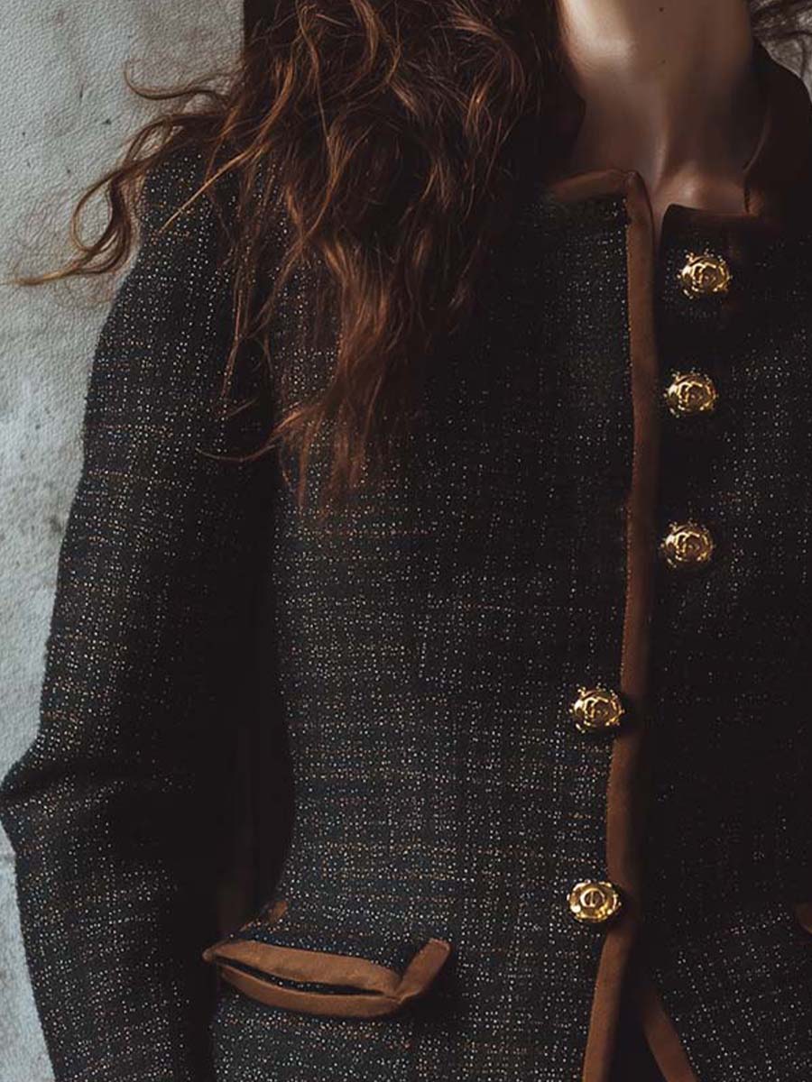 Vintage-Inspired Tweed Jacket With Contrast Trim And Gold Buttons