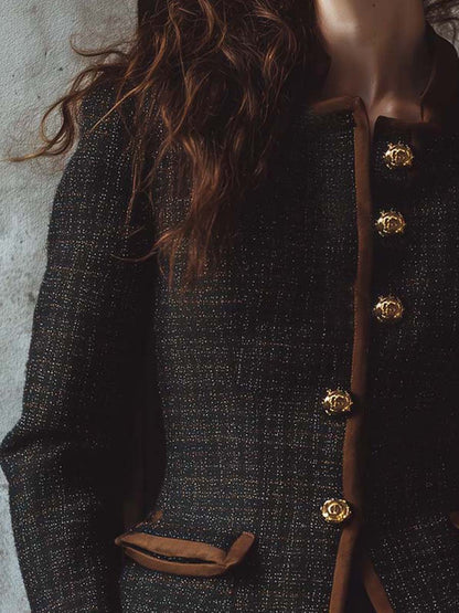 Vintage-Inspired Tweed Jacket With Contrast Trim And Gold Buttons