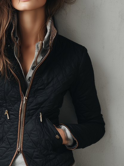 Retro Contrast Trim Quilted Zipper Jacket