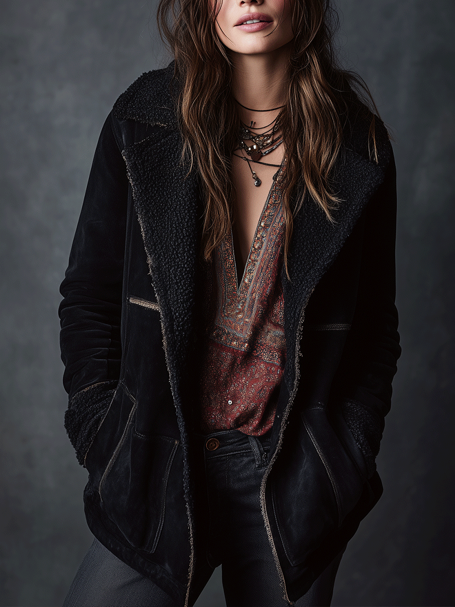 Vintage Black Shearling-Lined Suede Jacket