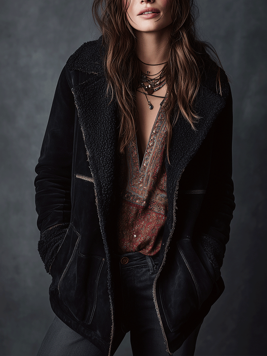 Vintage Black Shearling-Lined Suede Jacket