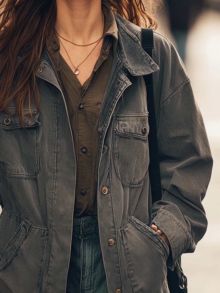 Casual Everyday Multi-Pocket Gray Denim Washed Work Jacket