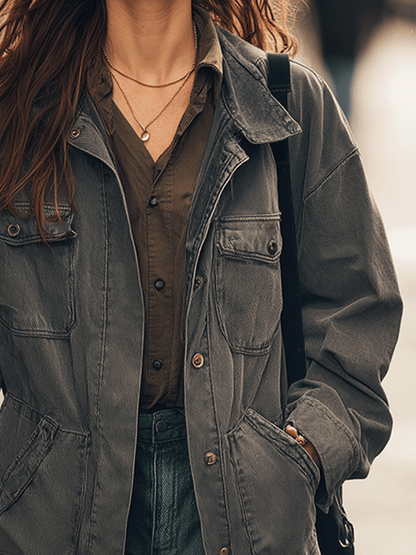 Casual Everyday Multi-Pocket Gray Denim Washed Work Jacket