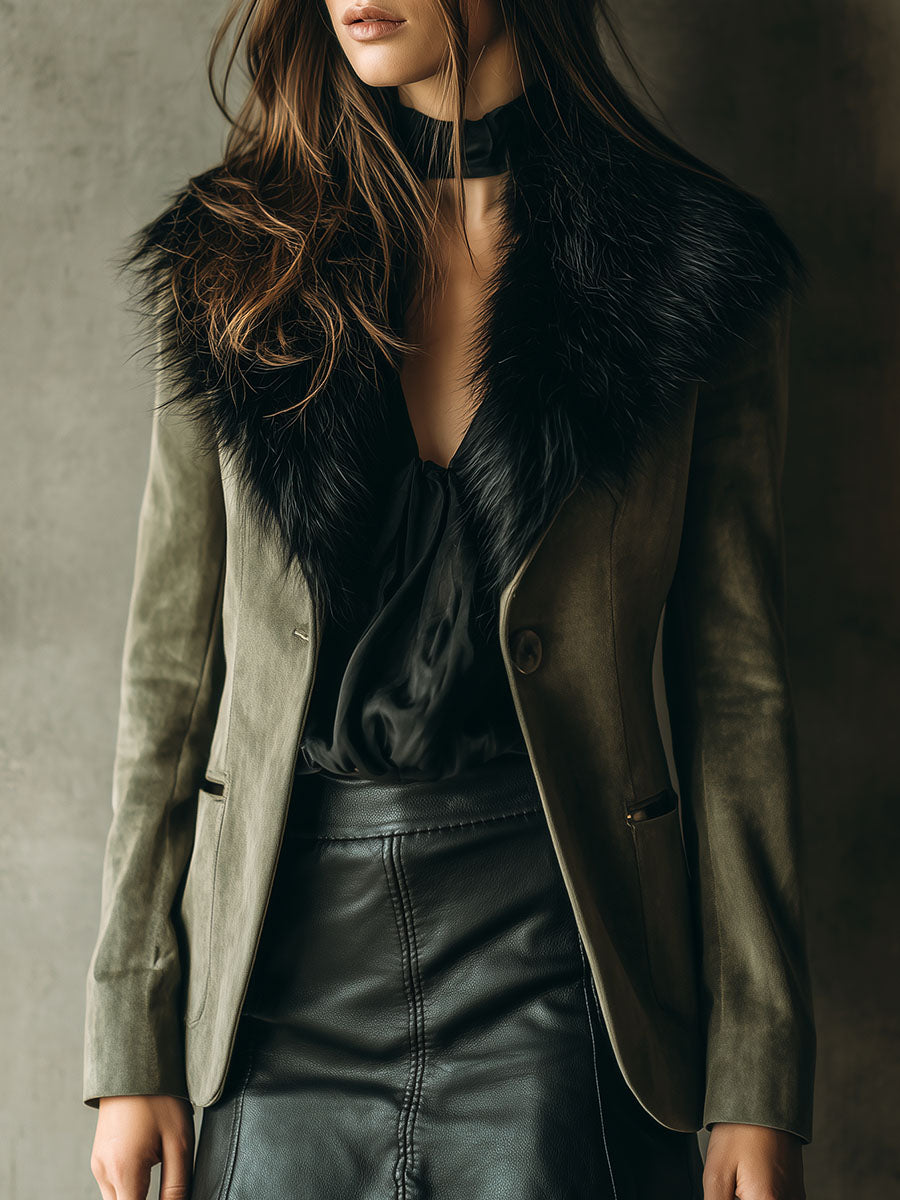 Vintage Olive Microsuede Jacket With Eco Fur Collar