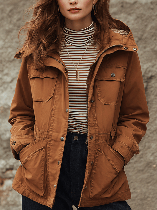 Retro Outdoor-Inspired Brown Utility Jacket