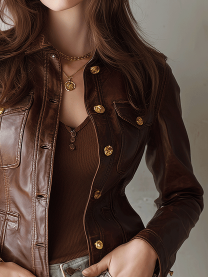 Retro Brown Leather Gold Button Detailing Jacket