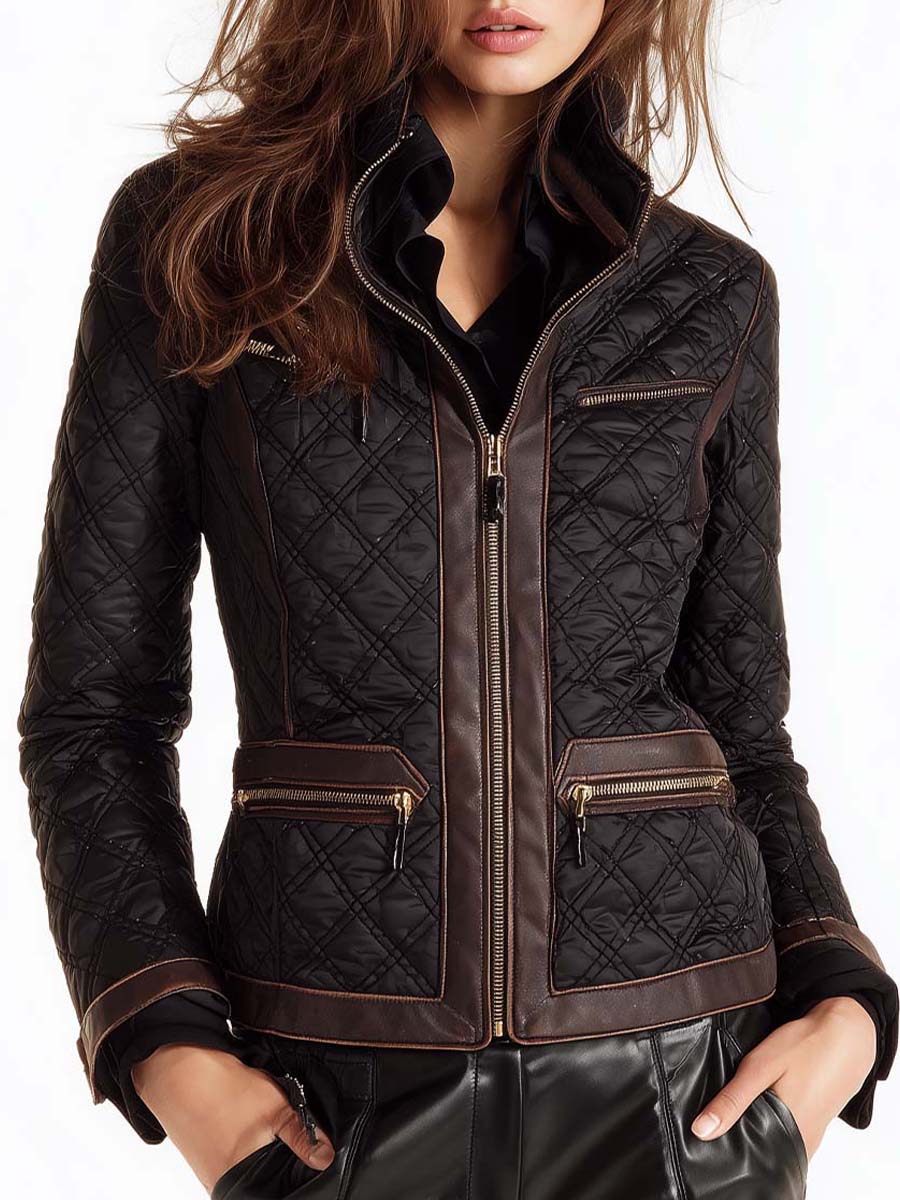 Quilted Moto Jacket With Contrast Leather Trim