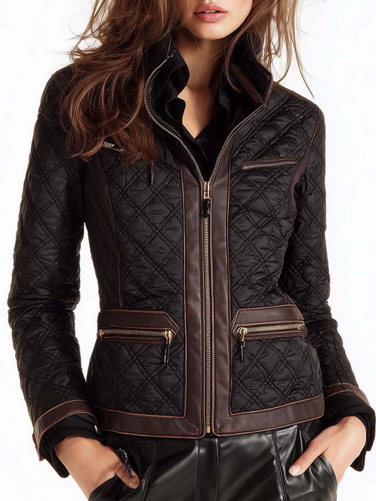 Quilted Moto Jacket With Contrast Leather Trim
