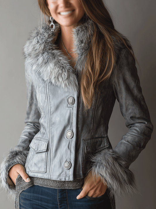 Vintage Grey Leather Faux Fur Trim Jacket