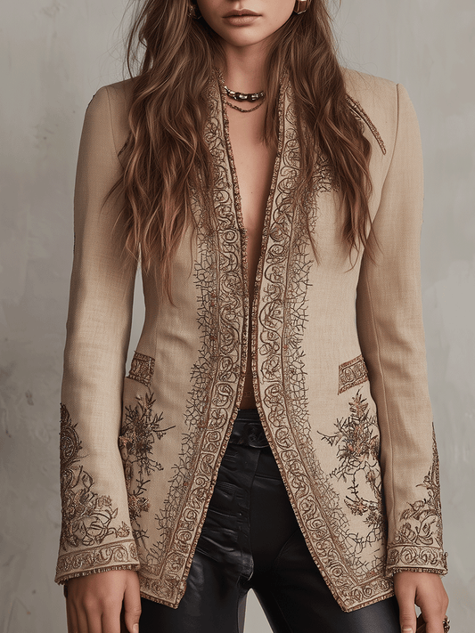 Chic Beige Velvet-Effect Embroidered Jacket