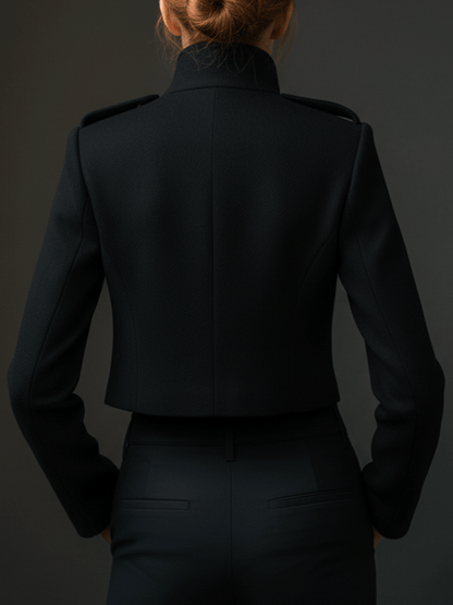 Vintage-Inspired Black Double Rows Of Gold Buttons Short Fit Jacket