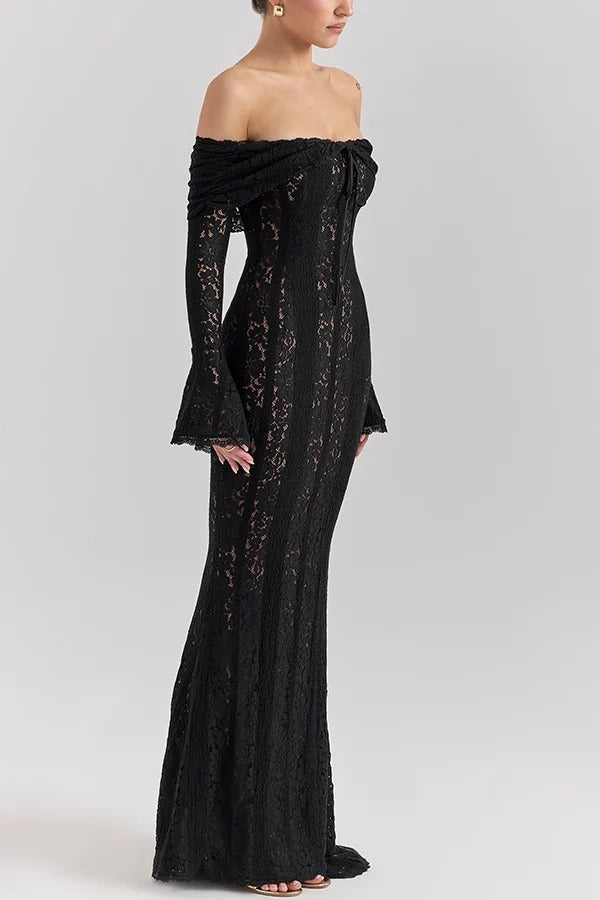 Leila® | Off Shoulder Floral Lace Flared Sleeve Fishtail Maxi Dress - White