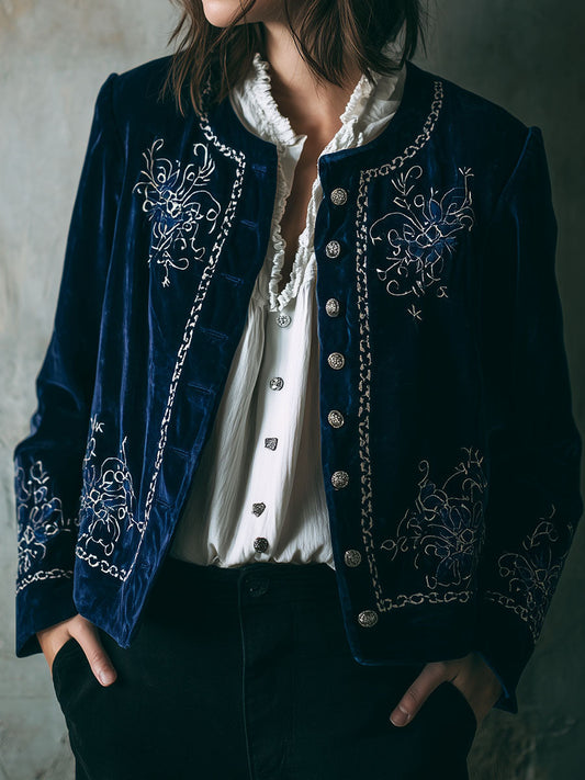 Vintage Button Front Navy Velvet Embroidered Jacket