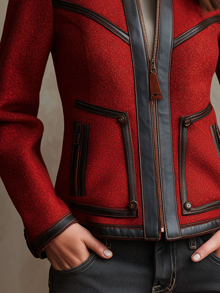 Red Wool Blend Zip-Up Jacket With Black Eco Leather Trim
