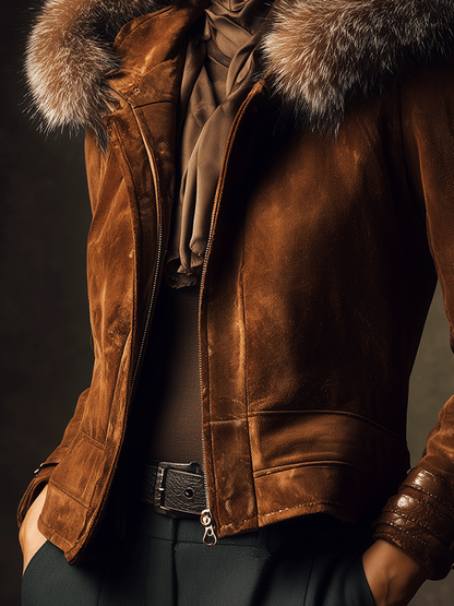Retro Brown Suede Luxe Fur Hood Jacket