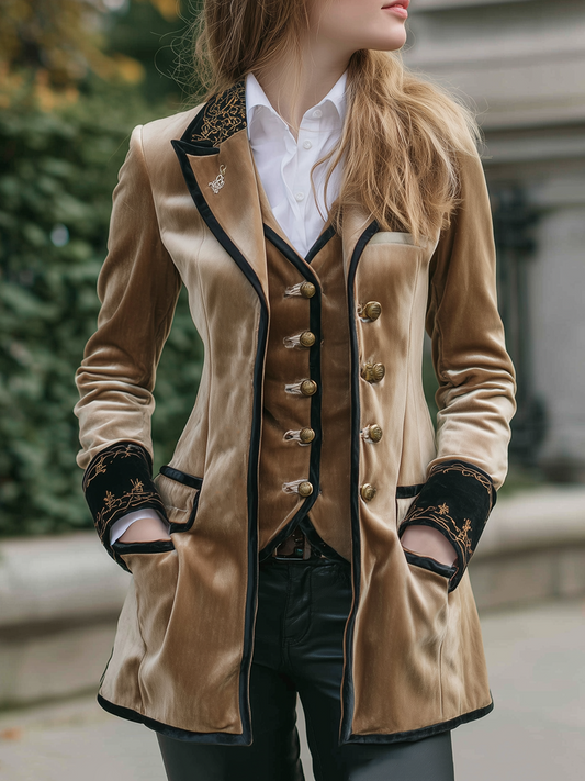 Vintage Contrast Trim Embroidered Cuffs Velvet Jacket